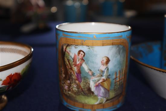 A Sevres style Madame de Genlis bleu celeste coffee can and saucer, a Sevres style coffee can and a Sevres Empire revival tea cup, al